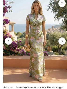 Elegant Olive & Pink Floral Jacquard V-Neck Floor-Length Dress